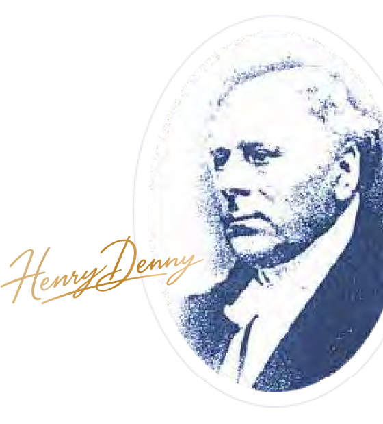 Old style print image of Henry Denny with gold signature